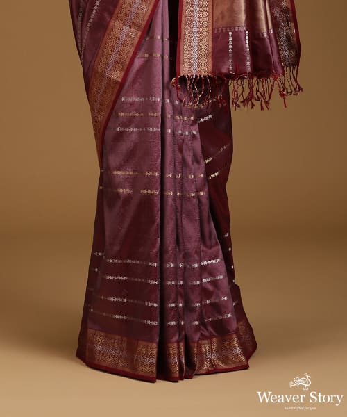 Mauve_Pure_Mulberry_Silk_Saree_With_Silver_And_Gold_Stripes_With_Stars_And_Zari_Border_WeaverStory_03