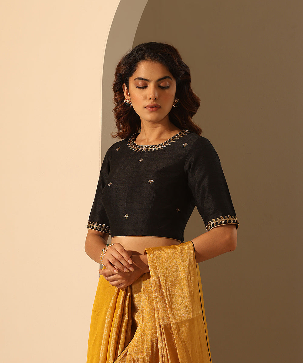 Black_Hand_Embroidered_Raw_Silk_Blouse_With_Peacock_Motif_WeaverStory_02