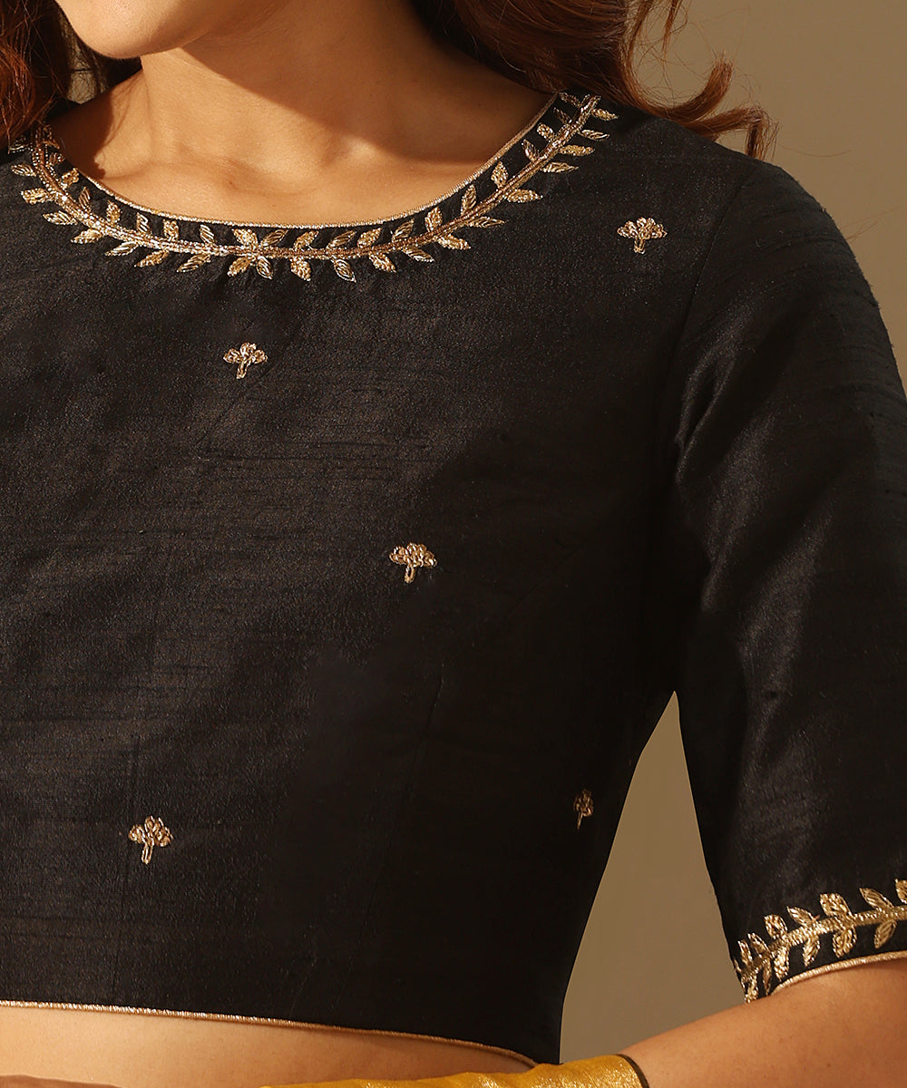 Black_Hand_Embroidered_Raw_Silk_Blouse_With_Peacock_Motif_WeaverStory_04