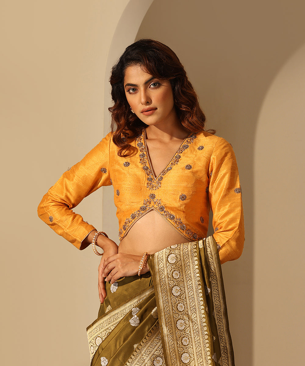 Ochre_Hand_Embroidered_Raw_Silk_Blouse_With_V-Neckline_WeaverStory_02