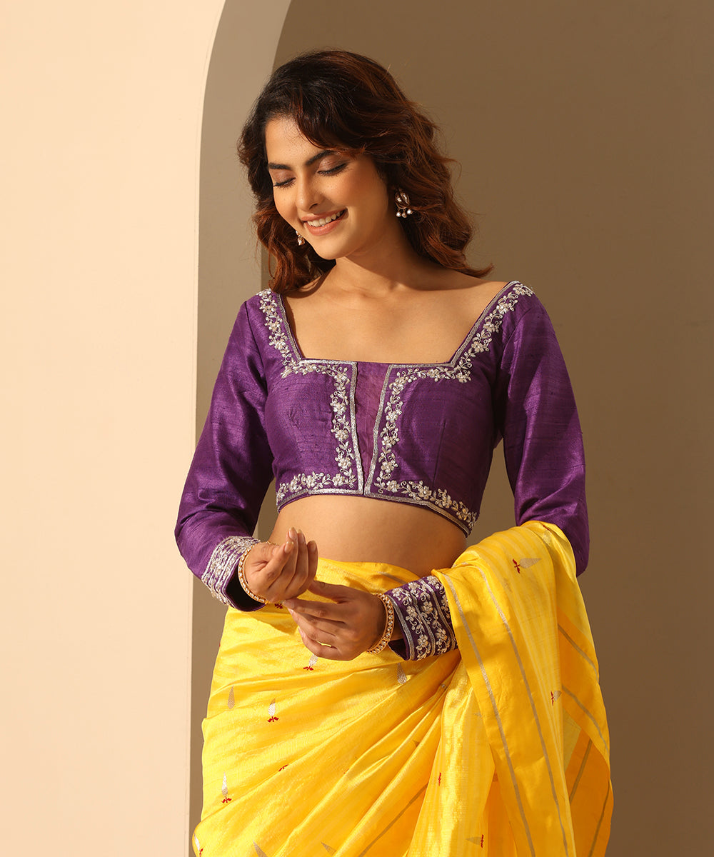 Hand_Embroidered_Purple_Raw_Silk_Blouse_With_Organza_Detailing_WeaverStory_02