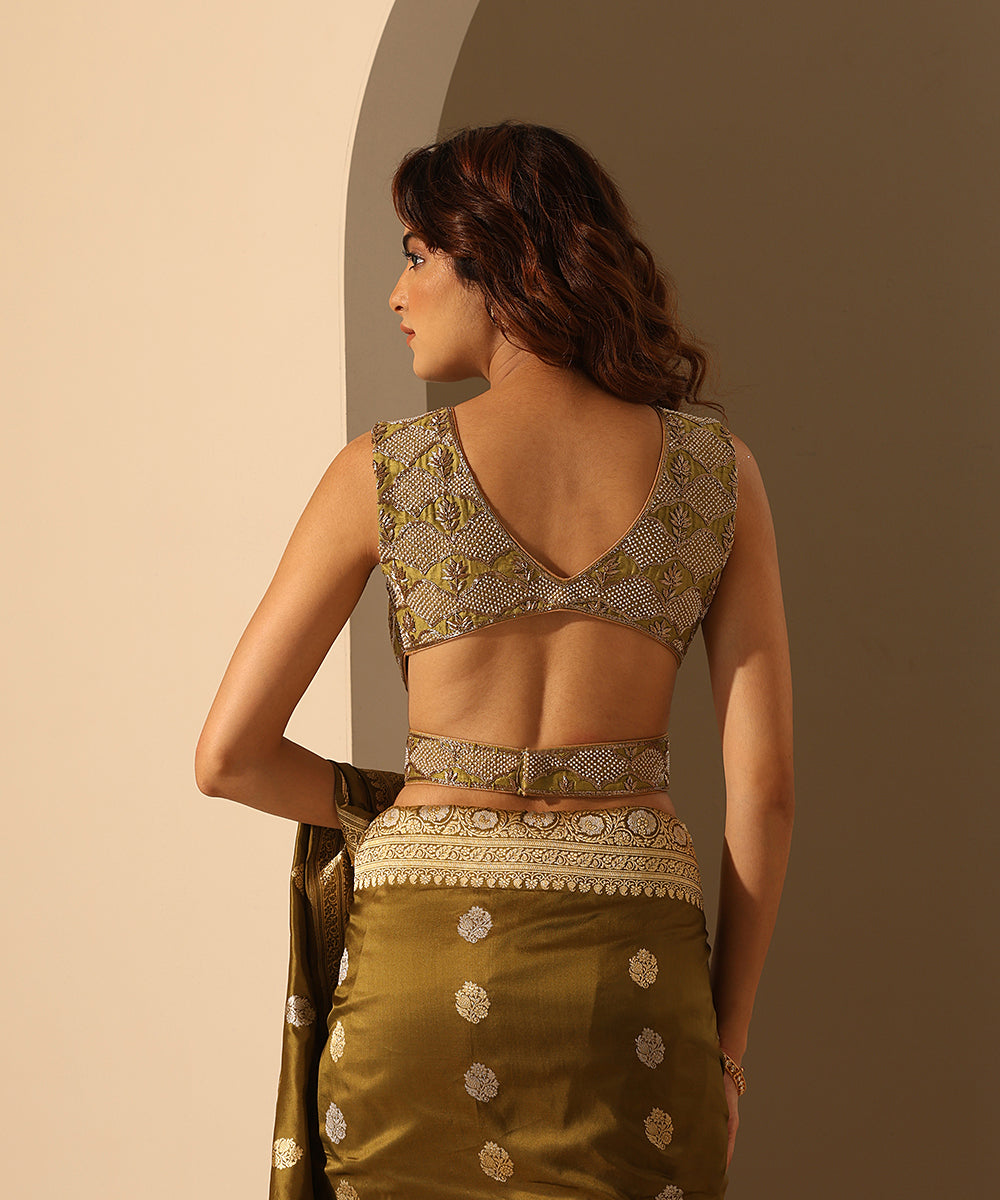 Henna_Green_Hand_Embroidered_Raw_Silk_Blouse_With_Trellis_Pattern_Zardozi_WeaverStory_03