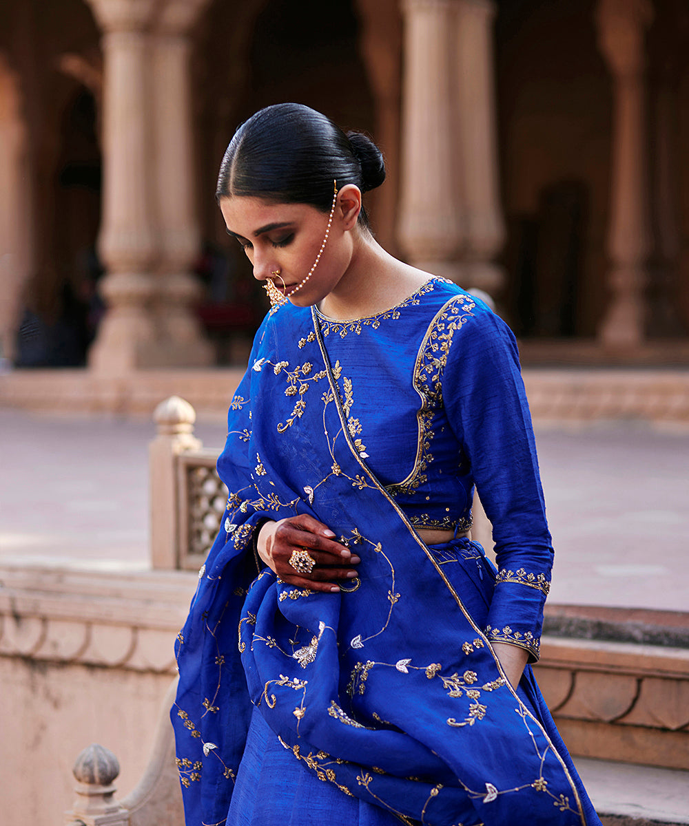 Blue_Banarasi_Lehenga_With_Raw_Silk_Blouse_And_Hand_Embroidered_Organza_Dupatta_WeaverStory_04