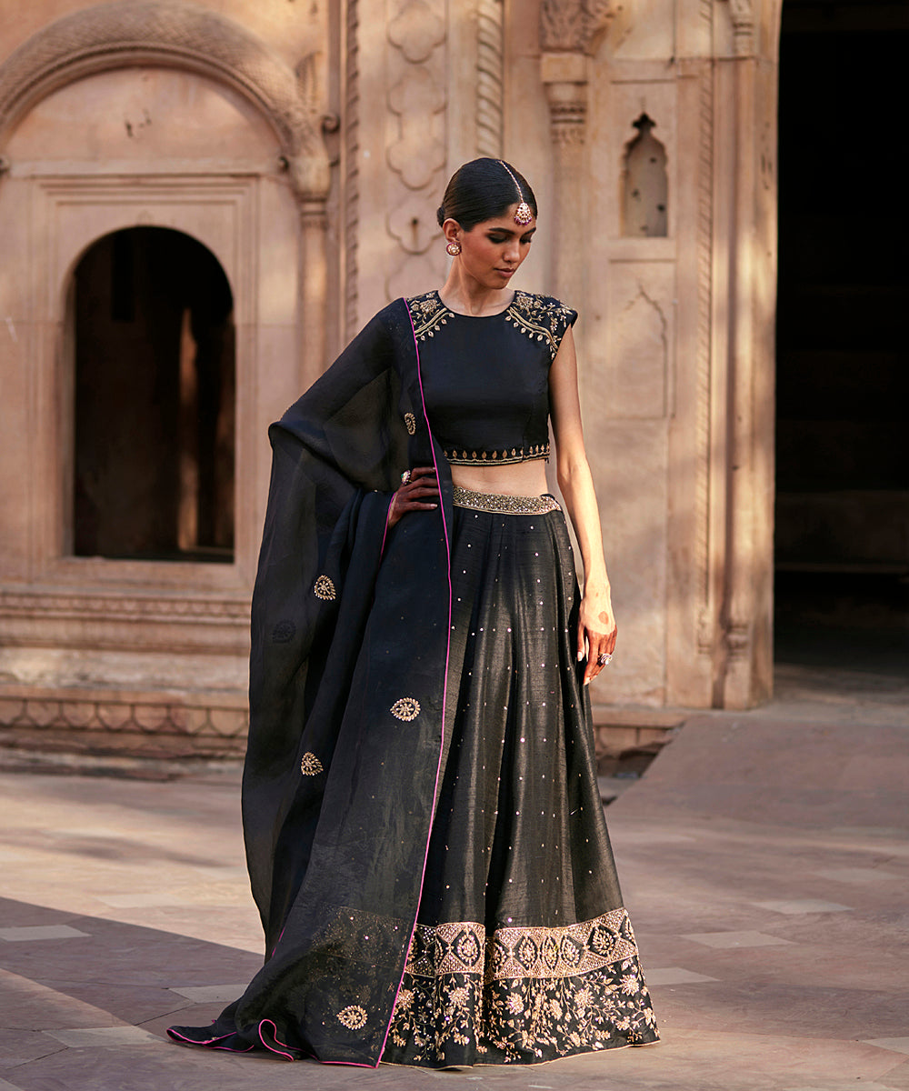 Black_Raw_Silk_Embroidered_Lehenga_Skirt_With_Raglan_Blouse_And_Organza_Dupatta_WeaverStory_02