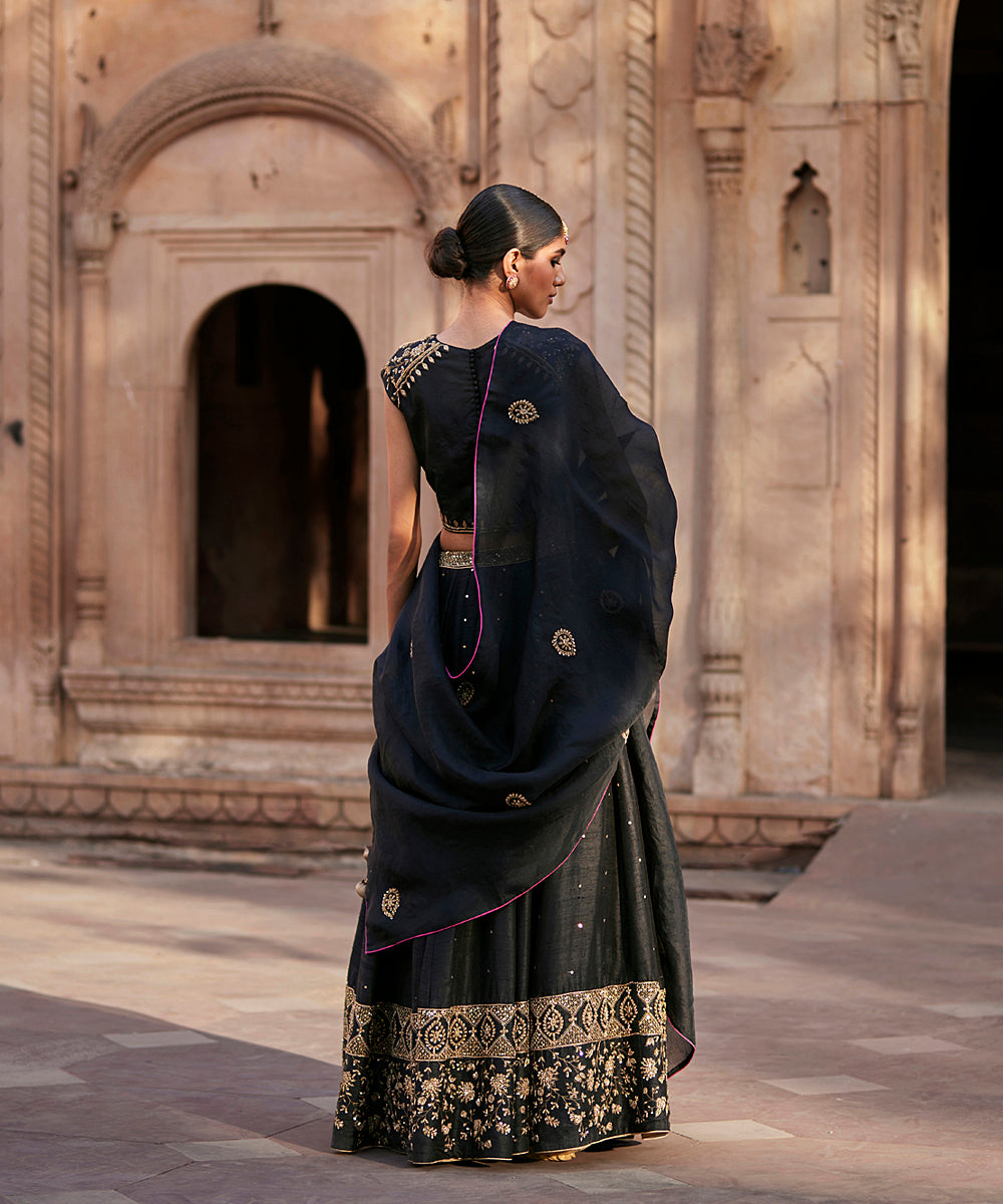 Black_Raw_Silk_Embroidered_Lehenga_Skirt_With_Raglan_Blouse_And_Organza_Dupatta_WeaverStory_03