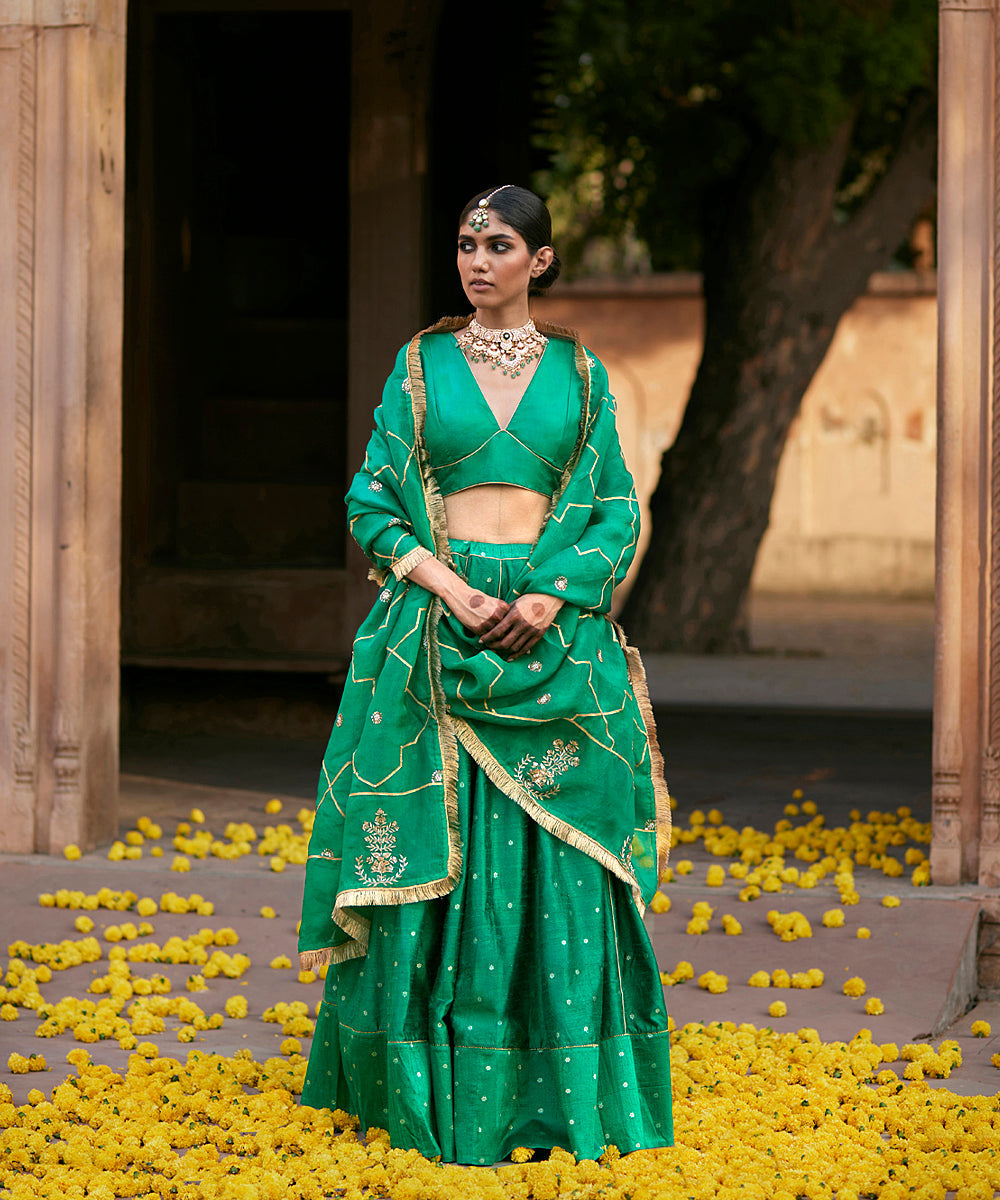 Verdian_Green_Banarasi_Raw_Silk_Lehenga_With_Pure_Silk_Blouse_And_Organza_Dupatta_WeaverStory_01
