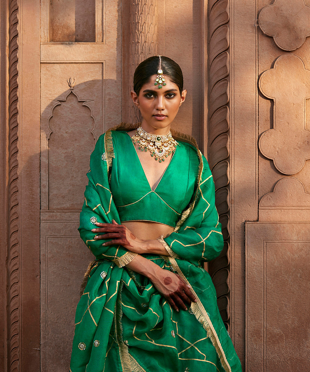 Verdian_Green_Banarasi_Raw_Silk_Lehenga_With_Pure_Silk_Blouse_And_Organza_Dupatta_WeaverStory_04