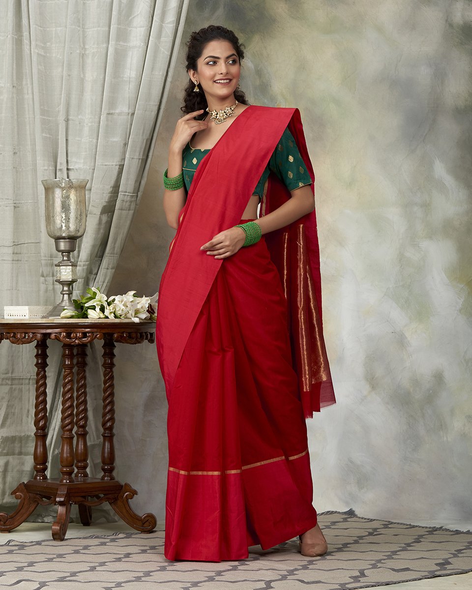Red_Handloom_Cotton_Chanderi_Saree_With_Mashroo_Border_WeaverStory_02