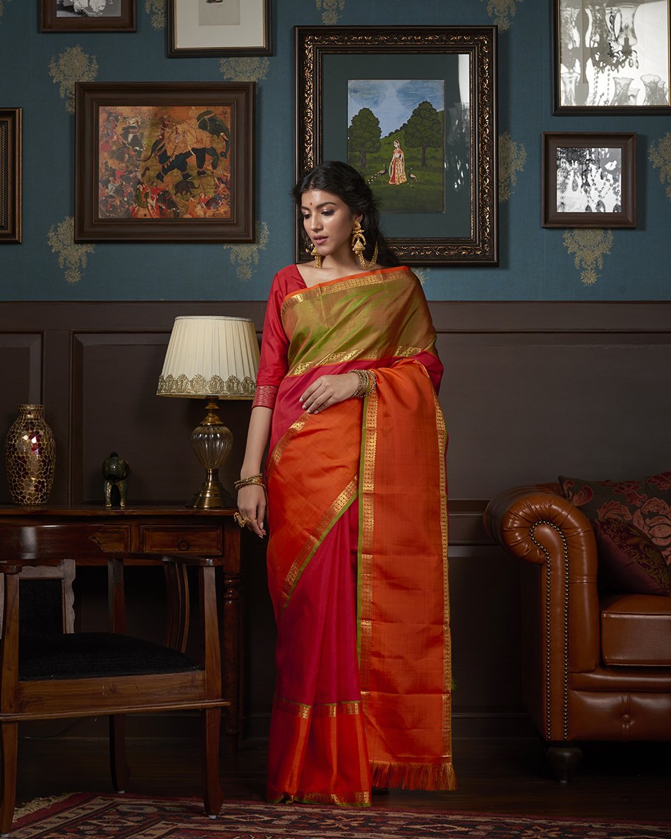 Red_Handloom_Kanjivaram_Silk_Saree_with_Orange_and_Green_Border_WeaverStory_02
