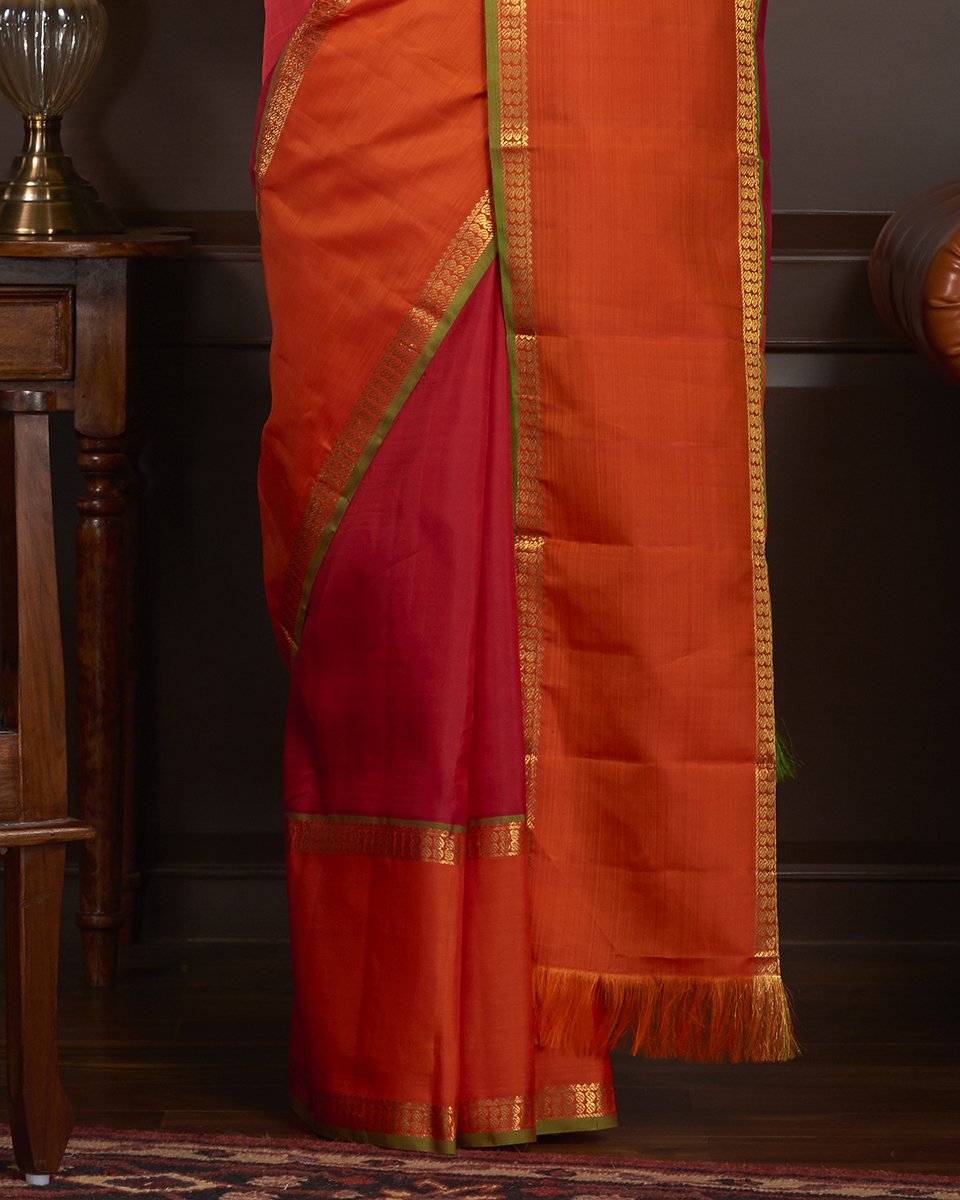 Red_Handloom_Kanjivaram_Silk_Saree_with_Orange_and_Green_Border_WeaverStory_04