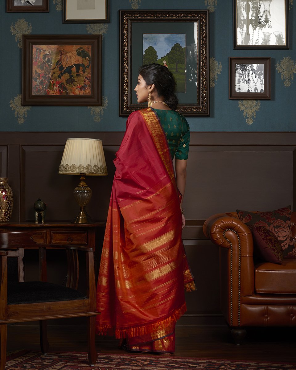 Red_Handloom_Kanjivaram_Silk_Saree_With_Orange_Paisley_Border_WeaverStory_03