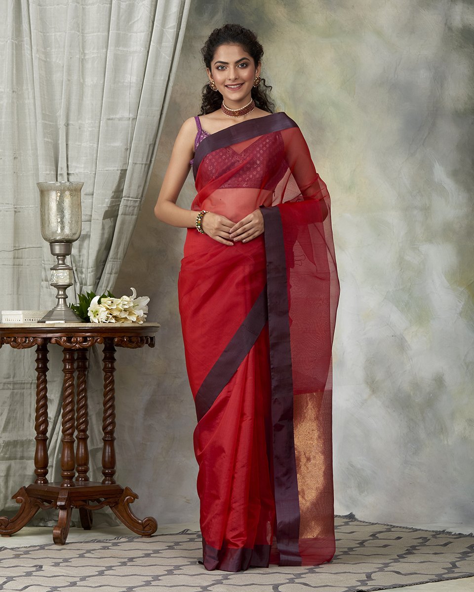 Maroon_Red_Handloom_Dupion_Silk_Chanderi_Saree_with_Organza_Pallu_WeaverStory_02