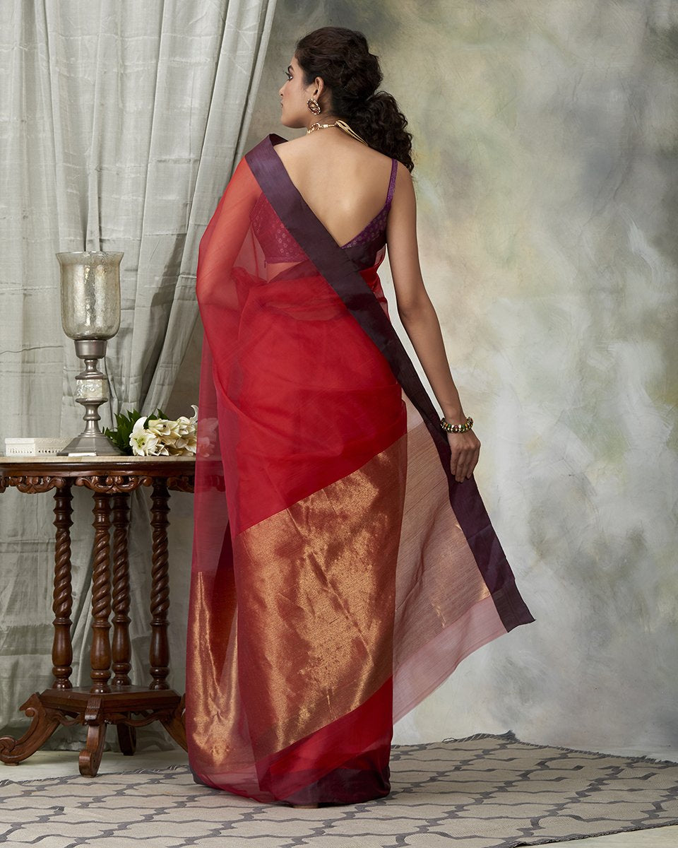 Maroon_Red_Handloom_Dupion_Silk_Chanderi_Saree_with_Organza_Pallu_WeaverStory_03