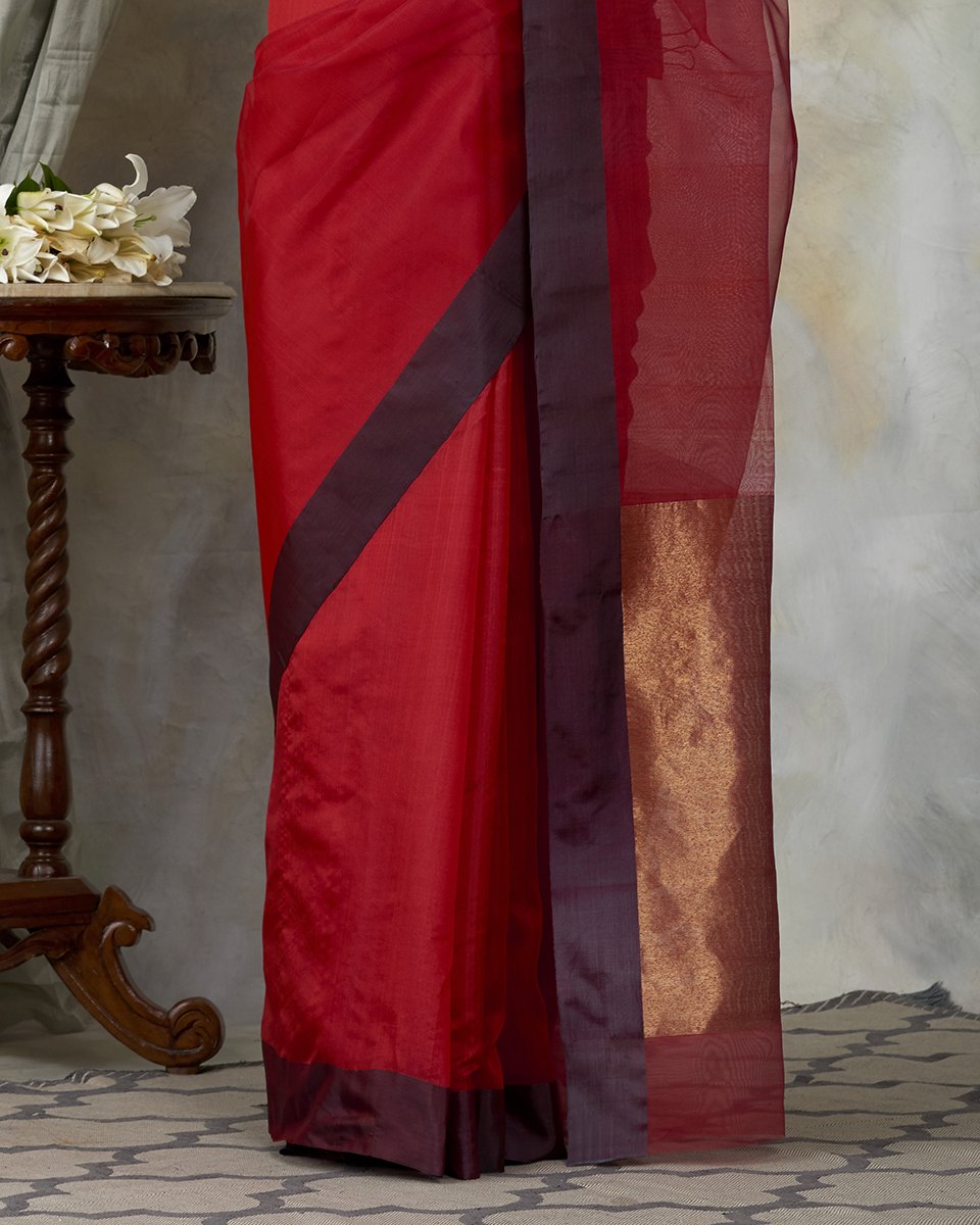 Maroon_Red_Handloom_Dupion_Silk_Chanderi_Saree_with_Organza_Pallu_WeaverStory_04