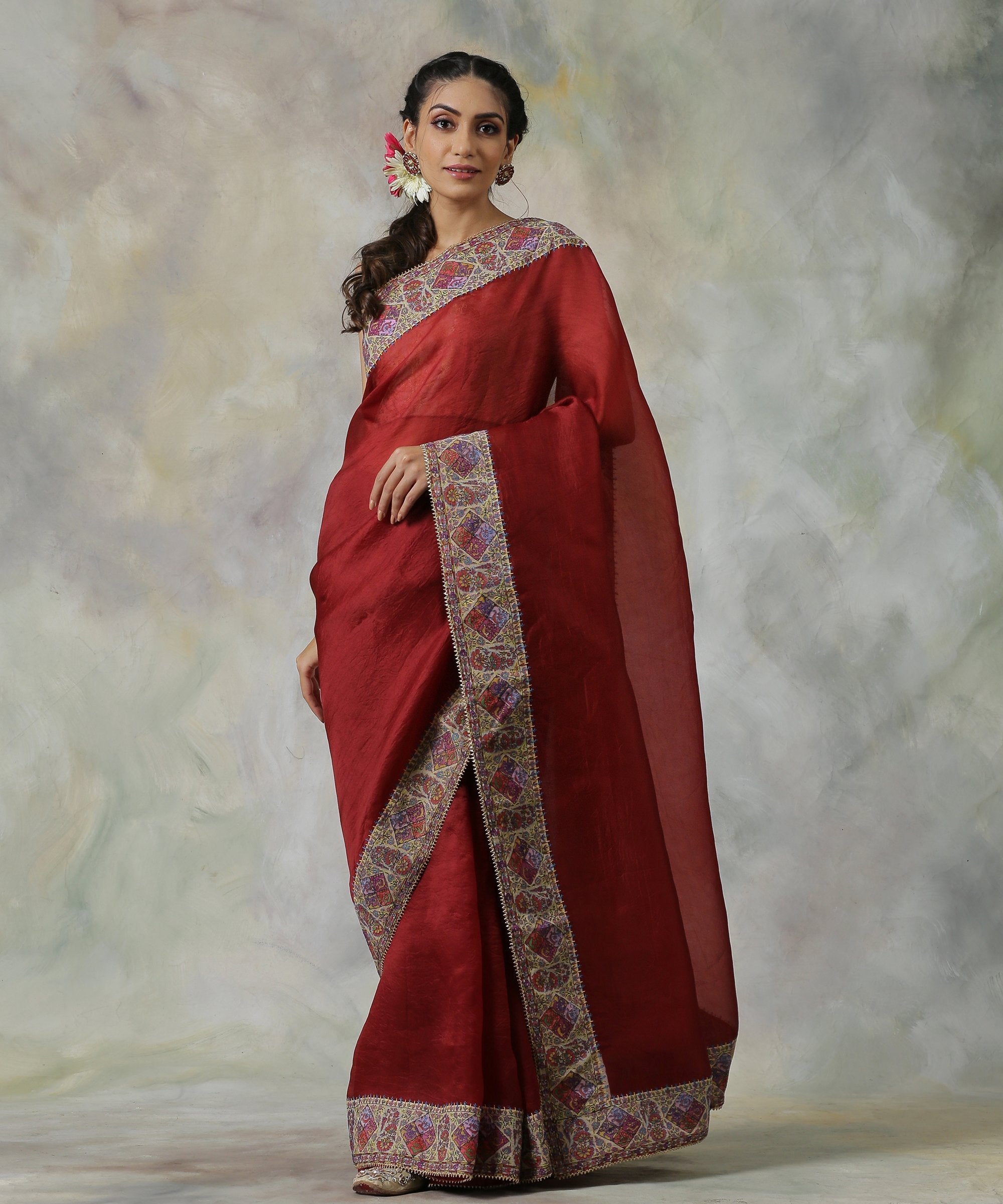 Maroon_Red_Handloom_Organza_Saree_with_Hand_Appliqued_Sozni_Needle_Work_Border_WeaverStory_02