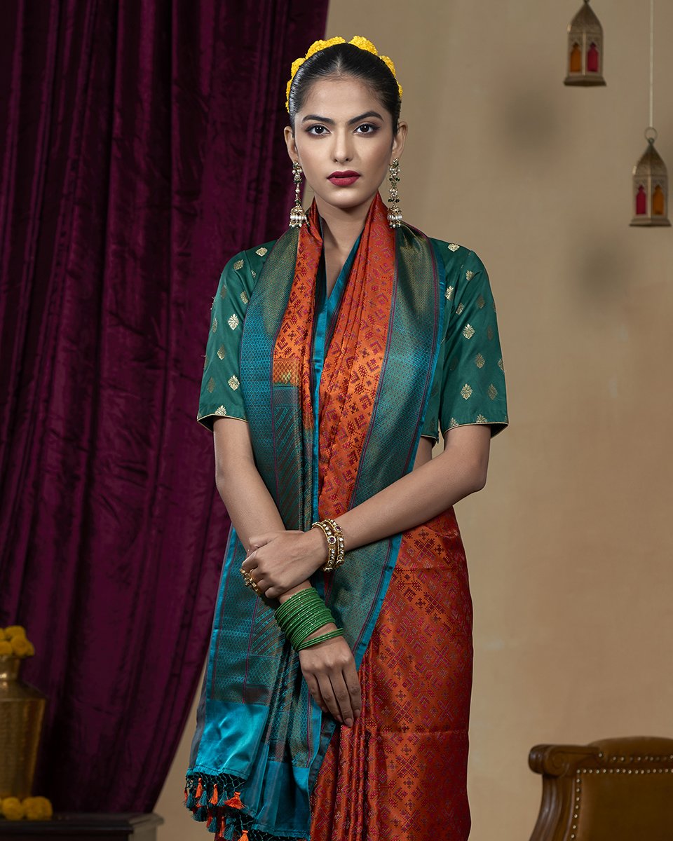 Rust_And_Pink_Handloom_Pashmina_Jamawar_Pure_Katan_Silk_Banarasi_Saree_With_Green_Reshmi_Border_WeaverStory_01