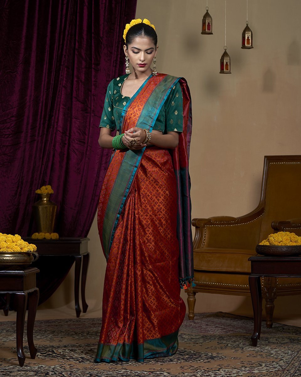 Rust_And_Pink_Handloom_Pashmina_Jamawar_Pure_Katan_Silk_Banarasi_Saree_With_Green_Reshmi_Border_WeaverStory_02
