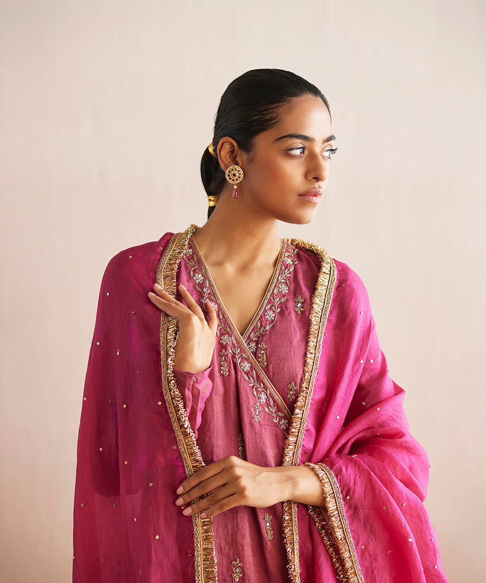 Mahjabeen_Handloom_Rani_Pink_Cotton_Tissue_Angarakha_With_Pants_And_Organza_Dupatta_WeaverStory_04