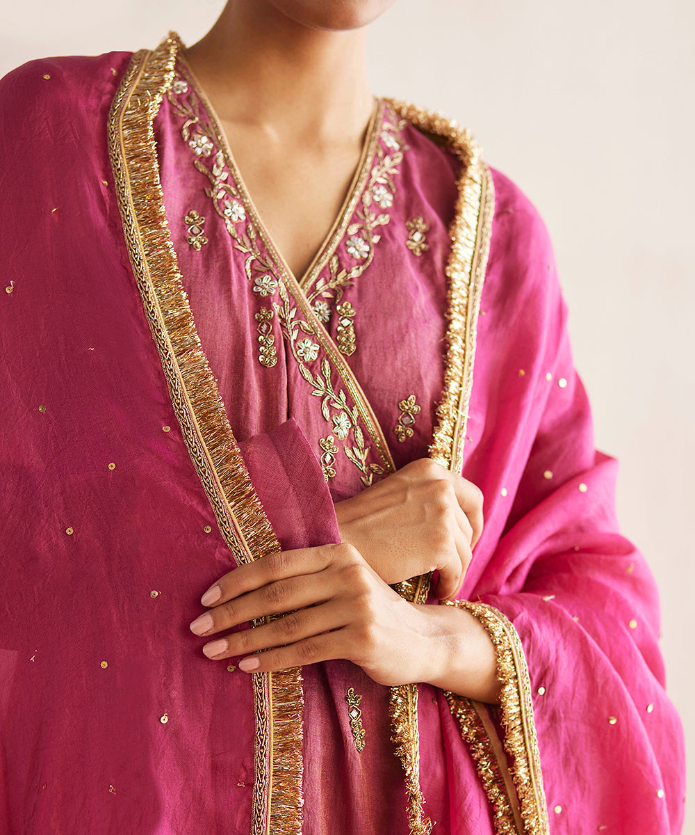 Mahjabeen_Handloom_Rani_Pink_Cotton_Tissue_Angarakha_With_Pants_And_Organza_Dupatta_WeaverStory_07