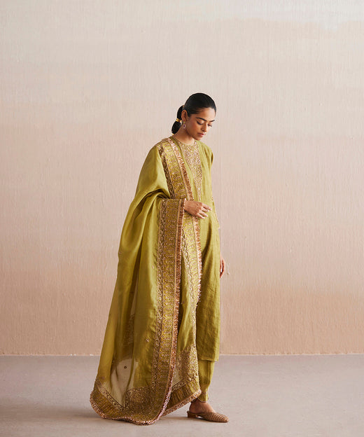 Aayat Handloom Chartreuse Green Cotton Tissue Kurta With Pants And Embroidered Dupatta