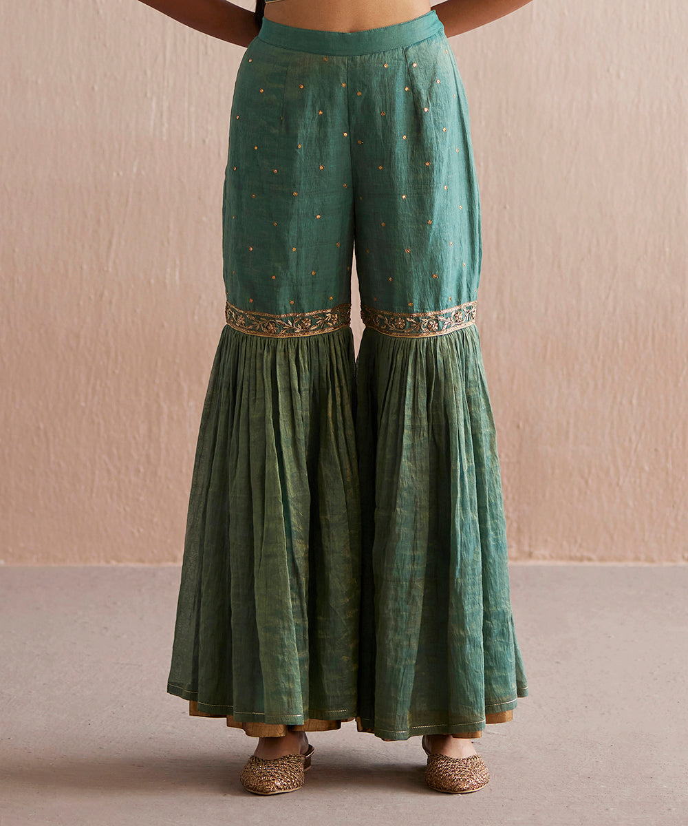Zehenaseeb_Handloom_Sea_Blue_Cotton_Tissue_Short_Top_With_Gharara_And_Embroidered_Cape_WeaverStory_10