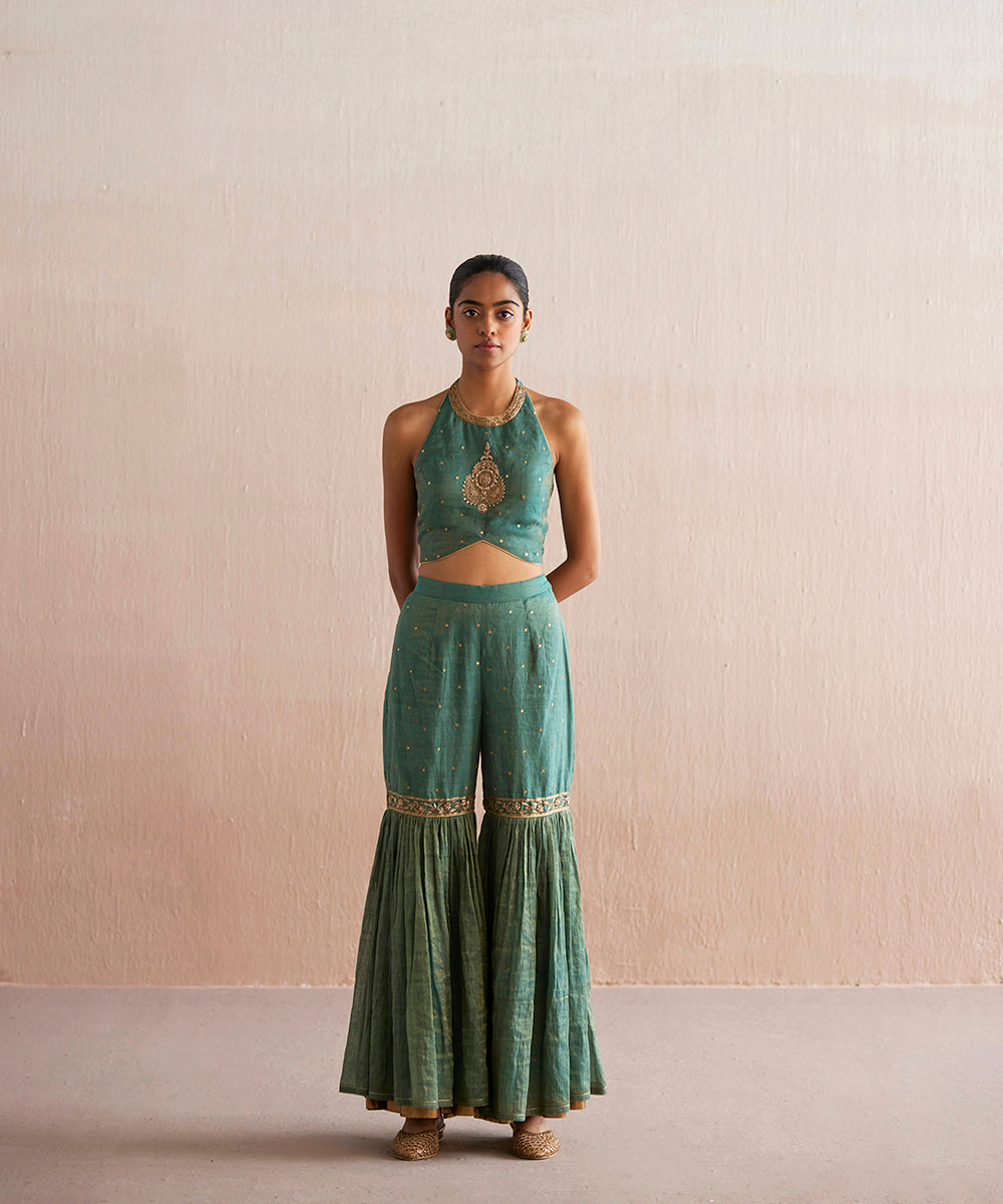 Zehenaseeb_Handloom_Sea_Blue_Cotton_Tissue_Short_Top_With_Gharara_And_Embroidered_Cape_WeaverStory_05