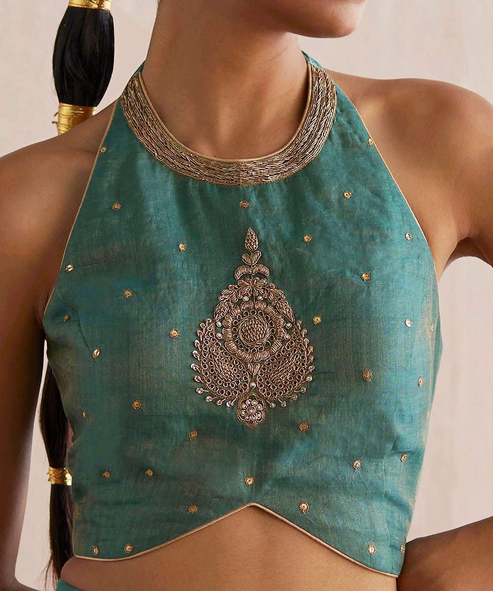 Zehenaseeb_Handloom_Sea_Blue_Cotton_Tissue_Short_Top_With_Gharara_And_Embroidered_Cape_WeaverStory_08