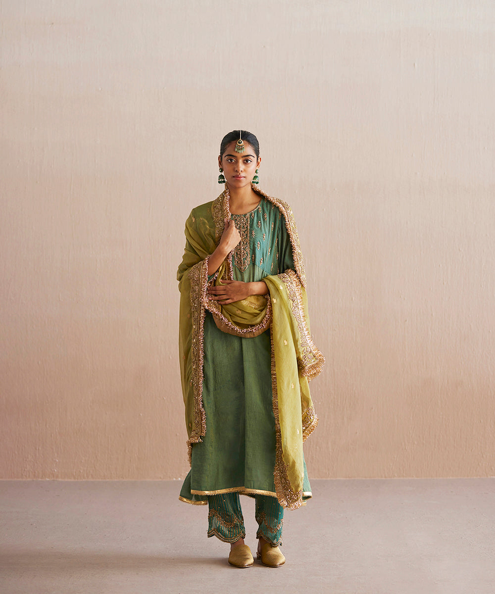Noor_Handloom_Sea_Blue_Cotton_Tissue_Kurta_With_Pants_And_Organza_Dupatta_WeaverStory_01