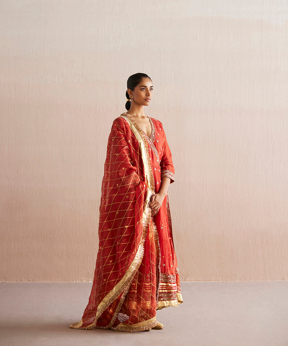 Nayaab_Handloom_Rust_Orange_Organza_Angrakha_With_Cotton_Tissue_Pants_And_Gota_Work_Dupatta_WeaverStory_01