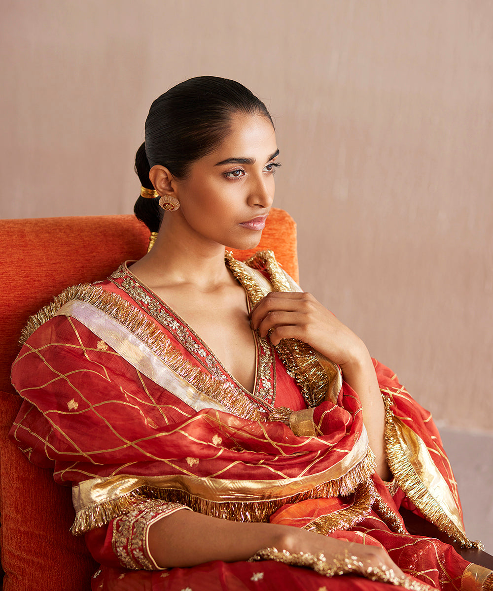 Nayaab_Handloom_Rust_Orange_Organza_Angrakha_With_Cotton_Tissue_Pants_And_Gota_Work_Dupatta_WeaverStory_04