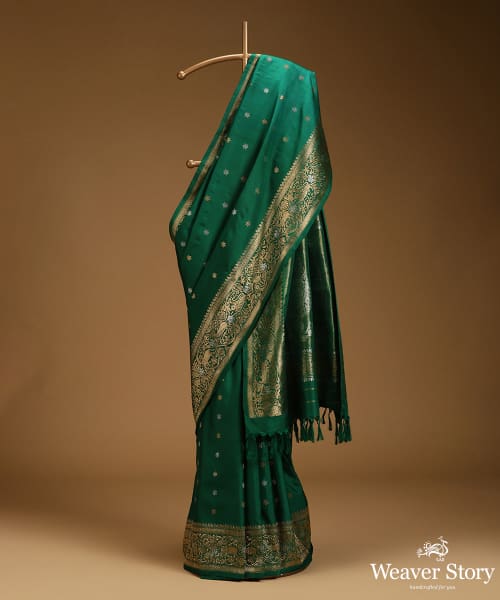 Forest_Green_Pure_Mulberry_Silk_Shikarkhani_Saree_With_Elephant_And_Peacocks_In_Border_WeaverStory_01