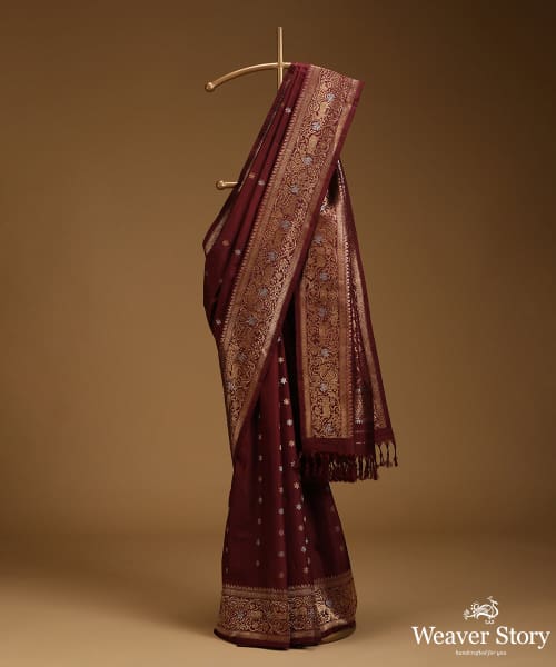 Wine_Pure_Mulberry_Silk_Shikarkhani_Saree_With_Elephant_And_Peacocks_In_Border_WeaverStory_01