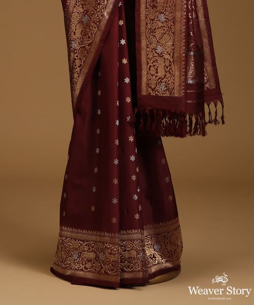 Wine_Pure_Mulberry_Silk_Shikarkhani_Saree_With_Elephant_And_Peacocks_In_Border_WeaverStory_03