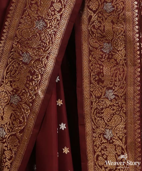 Wine_Pure_Mulberry_Silk_Shikarkhani_Saree_With_Elephant_And_Peacocks_In_Border_WeaverStory_04