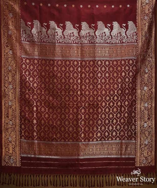 Wine_Pure_Mulberry_Silk_Shikarkhani_Saree_With_Elephant_And_Peacocks_In_Border_WeaverStory_05