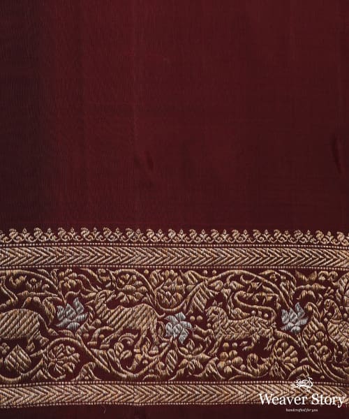 Wine_Pure_Mulberry_Silk_Shikarkhani_Saree_With_Elephant_And_Peacocks_In_Border_WeaverStory_06
