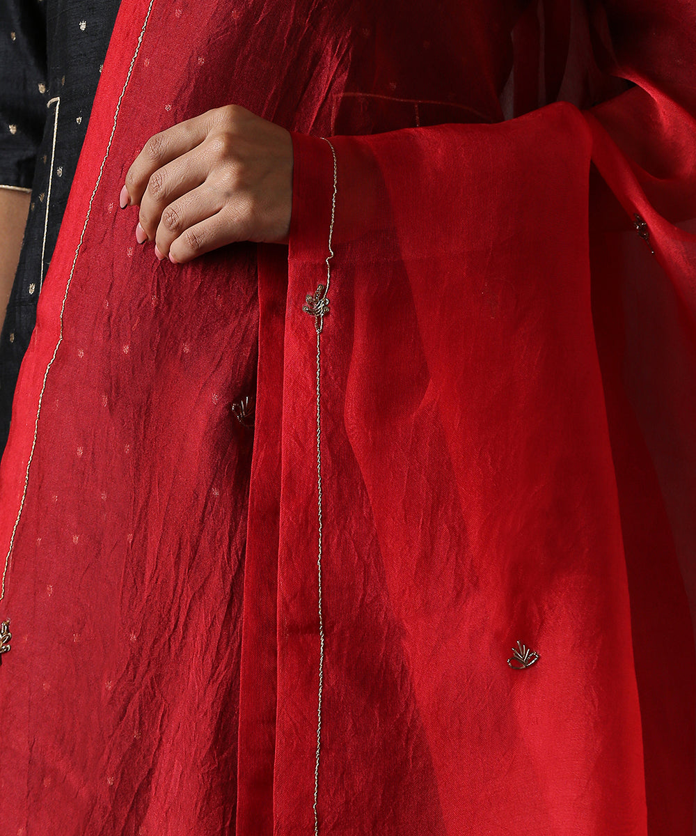 Red_Hand_Embroidered_Organza_Dupatta_with_Zardozi_Booti_WeaverStory_03