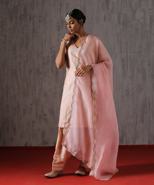 Baby Pink Hand Embroidered Organza Dupatta With Zardozi Scalloped Border