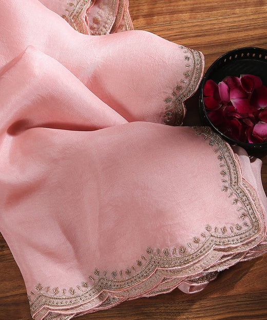 Baby Pink Hand Embroidered Organza Dupatta with Zardozi Scalloped Border