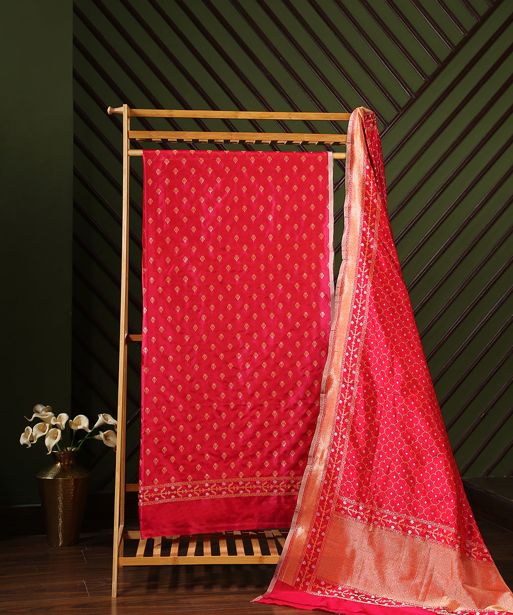 Rani_Pink_Handloom_Jamdani_Pure_Katan_Silk_Banarasi_Suit_Set_with_Cutwork_Booti_WeaverStory_01