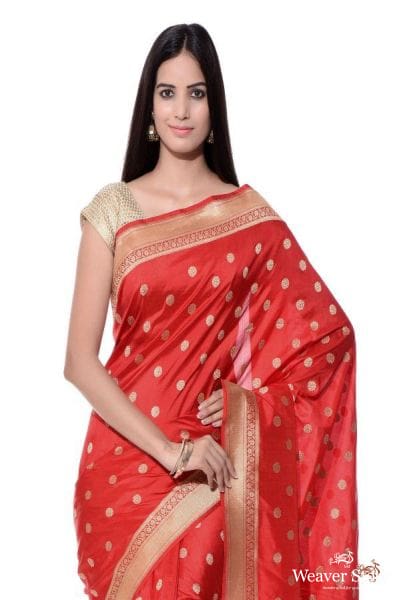 Beautiful red kadhwa banarsi katan silk saree with ginni booti