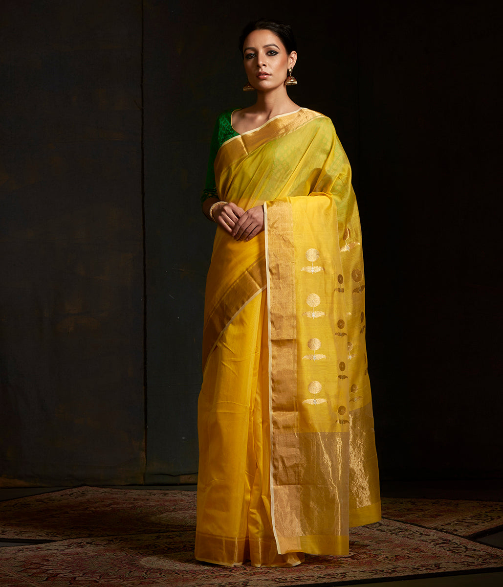 Handwoven_yellow_chanderi_saree_with_sunflower_motif_on_the_pallu_WeaverStory_02