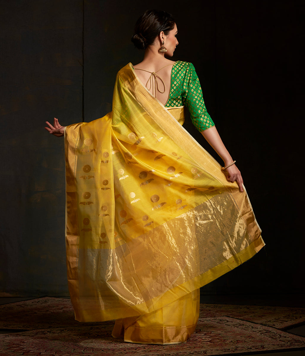 Handwoven_yellow_chanderi_saree_with_sunflower_motif_on_the_pallu_WeaverStory_03