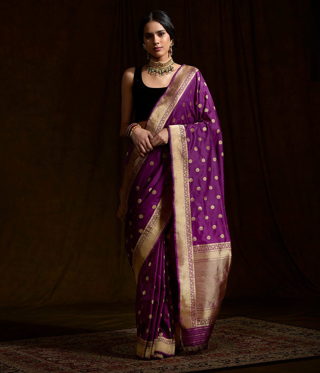 Purple_Handwoven_katan_silk_saree_with_asharfi_booti_WeaverStory_02