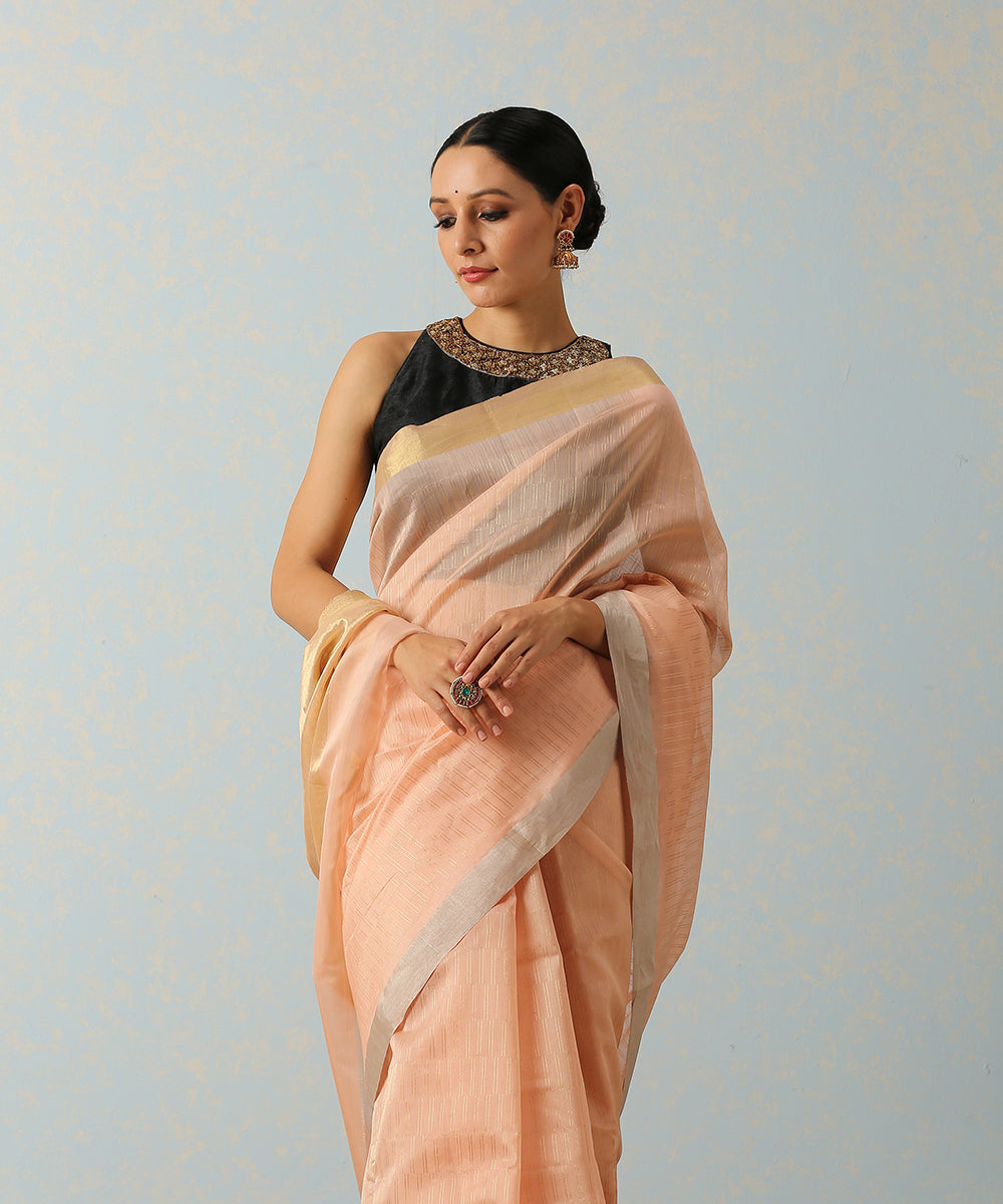 Handloom_Peach_Mercerised_Cotton_Chanderi_Saree_With_Zari_Lines_WeaverStory_01
