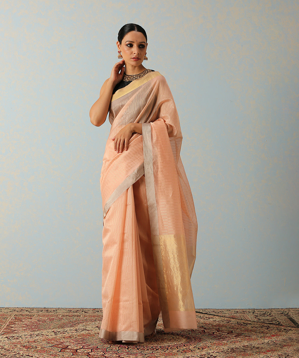 Handloom_Peach_Mercerised_Cotton_Chanderi_Saree_With_Zari_Lines_WeaverStory_02