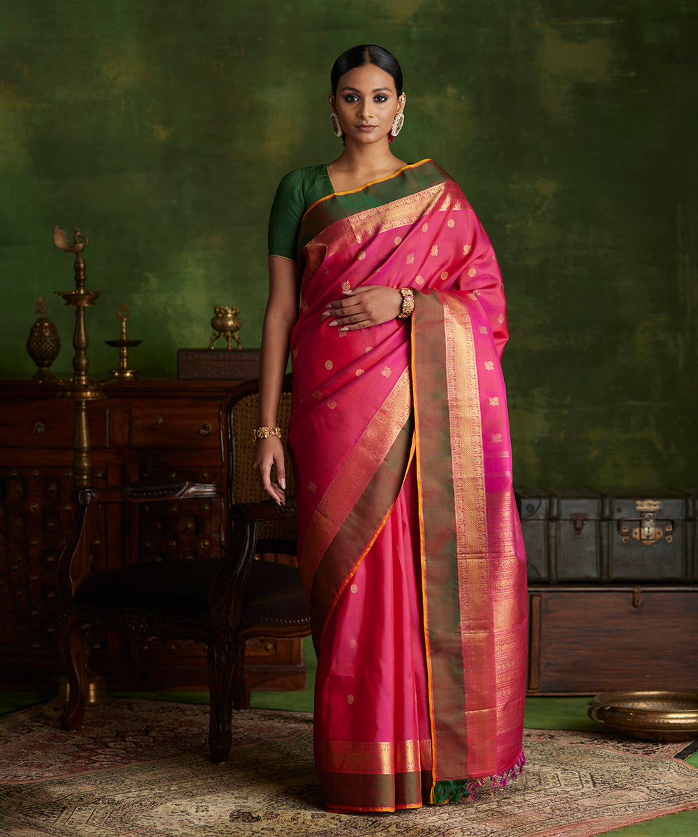 Pink_Handloom_Pure_Silk_Kanjivaram_Saree_With_Annapakshi_And_Rudraksh_Motifs_WeaverStory_02