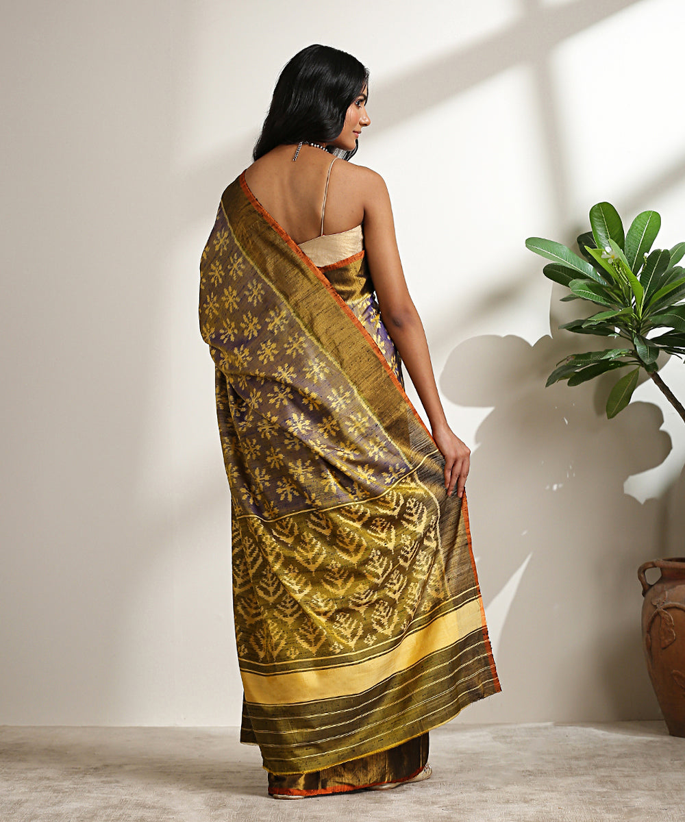 Handloom_Blue_Pure_Raw_Silk_Patola_Saree_With_Beige_And_Henna_Green_Border_WeaverStory_03