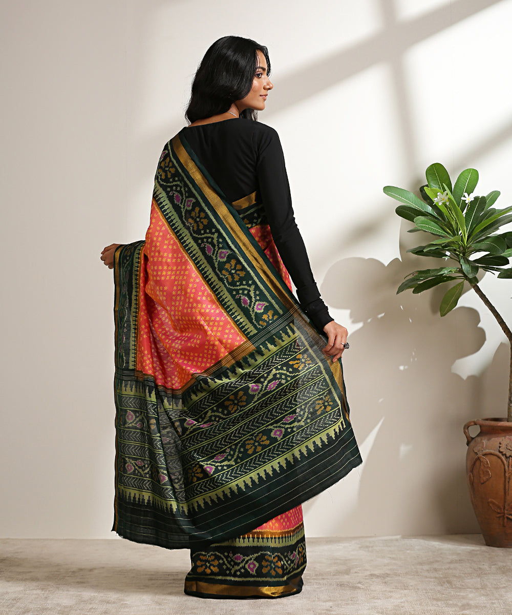 Rose_Pink_Handloom_Mulberry_Silk_Patola_Saree_With_Dark_Green_Border_WeaverStory_03