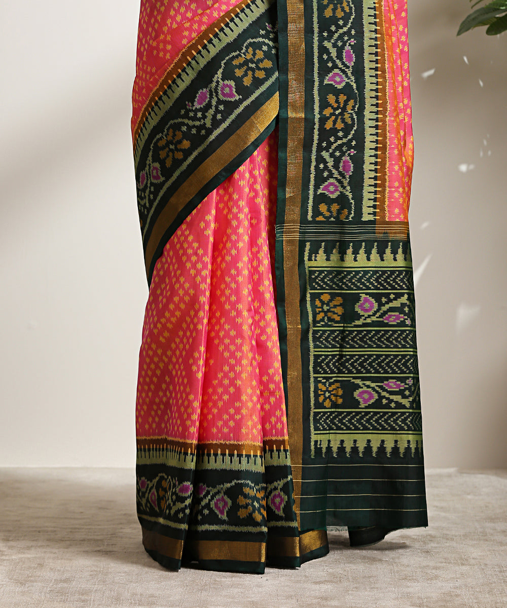 Rose_Pink_Handloom_Mulberry_Silk_Patola_Saree_With_Dark_Green_Border_WeaverStory_04